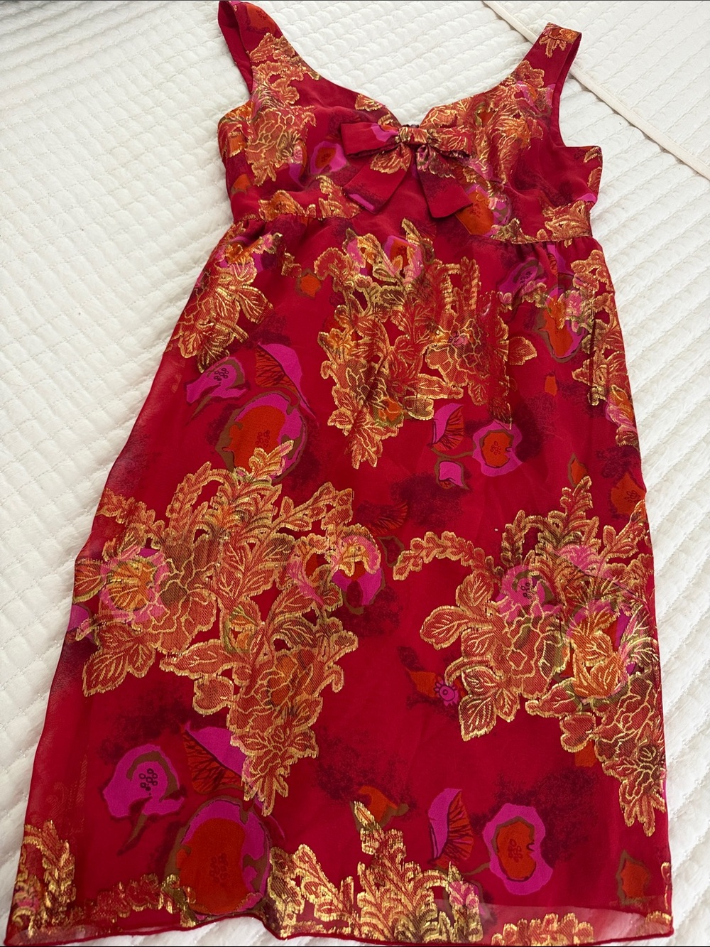 Vintage Anna Sui Red and Gold Floral Girls' Dress with Bow